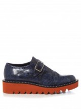 STELLA MCCARTNEY Odette monk-strap snake-effect faux-leather shoes navy. Designer shoes | wedges | low wedge heel | casual luxe | flatform | smart flatforms