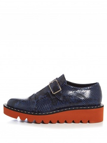 STELLA MCCARTNEY Odette monk-strap snake-effect faux-leather shoes navy. Designer shoes | wedges | low wedge heel | casual luxe | flatform | smart flatforms - flipped