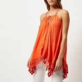 River Island Orange trapeze cami top – summer tops – holiday style fashion – embroidered uneven hem – spaghetti straps – strappy