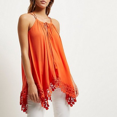 River Island Orange trapeze cami top – summer tops – holiday style fashion – embroidered uneven hem – spaghetti straps – strappy - flipped
