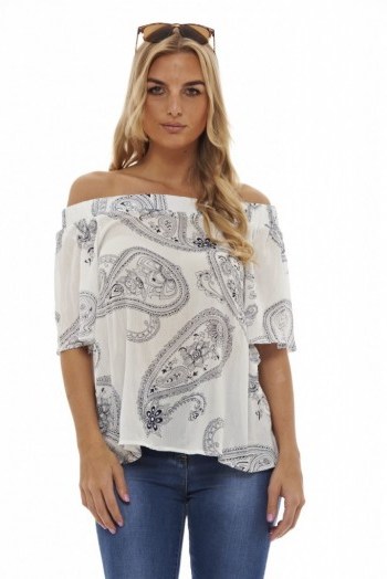 AX Paris PAISLEY PRINT OFF SHOULDER TOP WHITE – summer tops – off the shoulder blouses – feminine style fashion - flipped