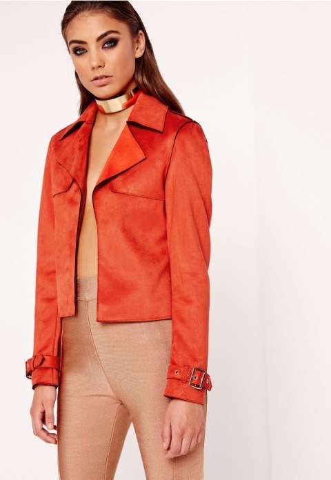 MISSGUIDED peace + love faux suede biker jacket orange – affordable luxe – luxury style jackets - flipped