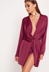 MISSGUIDED peace + love satin wrap mini dress burgundy – evening luxe – luxury style dresses – going out fashion – plunge front neckline