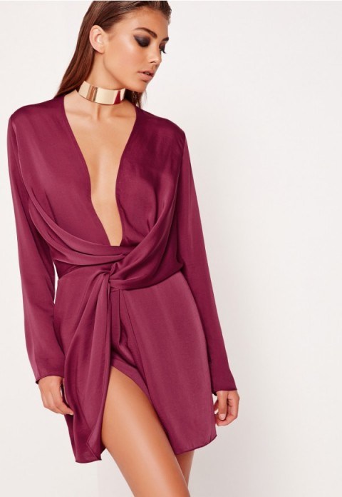 MISSGUIDED peace + love satin wrap mini dress burgundy – evening luxe – luxury style dresses – going out fashion – plunge front neckline - flipped