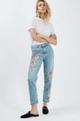 Topshop PETITE Floral Embroidered Mom Jeans ~ flower embroidery ~ blue denim ~ casual fashion