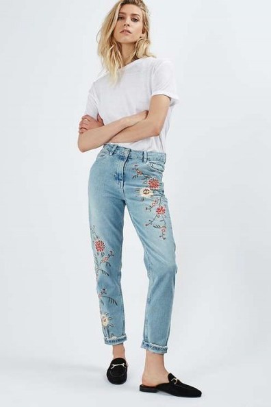 Topshop PETITE Floral Embroidered Mom Jeans ~ flower embroidery ~ blue denim ~ casual fashion - flipped