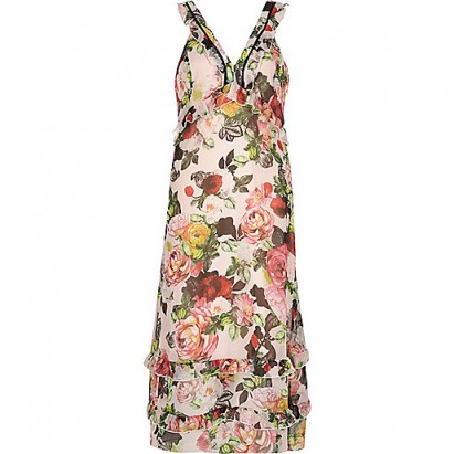 River Island Pink floral-print georgette maxi dress ~ flower prints ~ summer parties ~ ruffles ~ ruffled trim ~ garden party fashion ~ holiday dresses