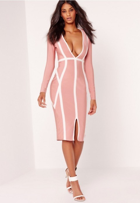MISSGUIDED – premium bandage plunge midi dress pink. Fitted party fashion | plunge front going out dresses | deep V necklines | plunging neckline | evening glamour - flipped
