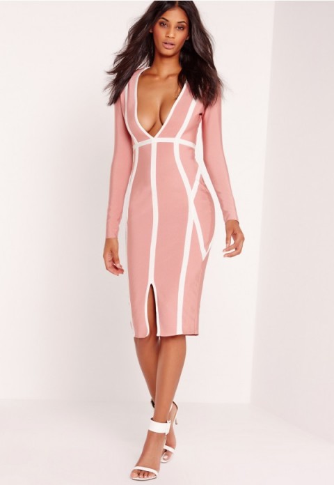 MISSGUIDED – premium bandage plunge midi dress pink. Fitted party fashion | plunge front going out dresses | deep V necklines | plunging neckline | evening glamour