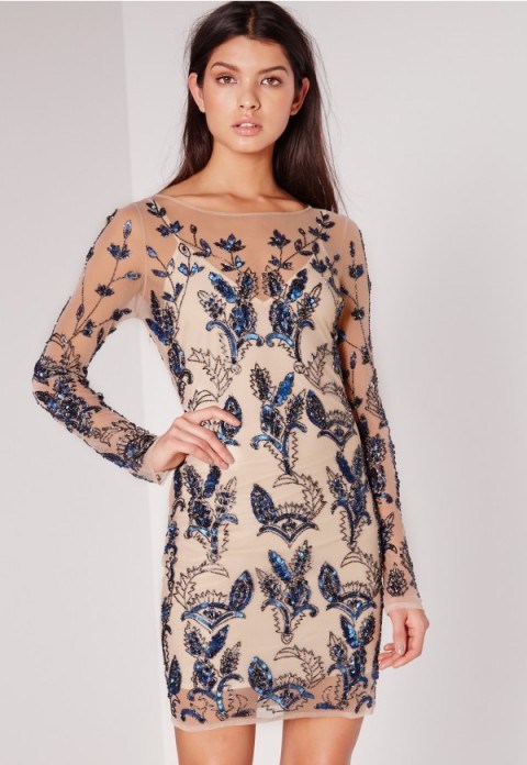 MISSGUIDED premium leaf embellished mini dress blue – sequined party dresses – luxe style evening wear – luxury looking going out fashion – floral sequins - flipped