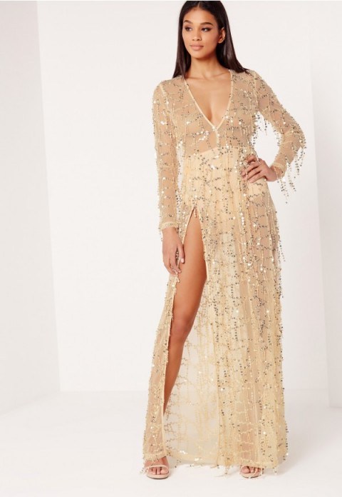 MISSGUIDED premium sequin maxi dress gold – long occasion dresses – evening luxe – luxury style party dresses – sequined – sequins – embellished fashion – thigh high slit - flipped