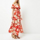 Red floral print bardot maxi dress ~ flower prints ~ long summer dresses ~ holiday fashion ~ off the shoulder ~ 1970s style ~ feminine and floaty