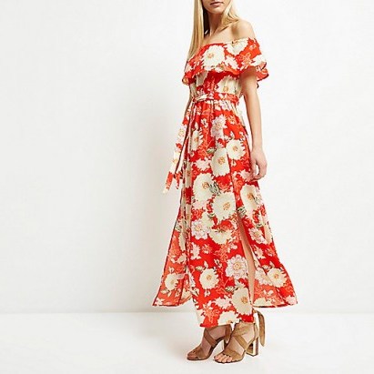 Red floral print bardot maxi dress ~ flower prints ~ long summer dresses ~ holiday fashion ~ off the shoulder ~ 1970s style ~ feminine and floaty - flipped