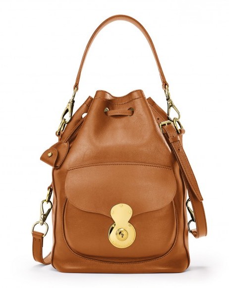 Ralph Lauren Ricky Drawstring Bag in RL Gold – designer bags – leather handbags - flipped