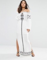 River Island Folk Embroidered Off The Shoulder Maxi Dress white – long summer dresses – holiday fashion – chic boho style