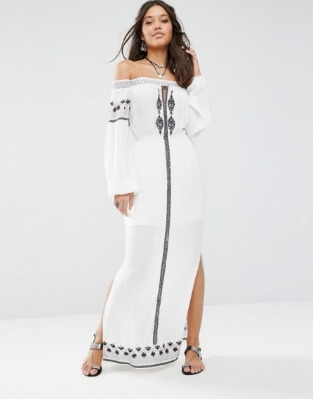 River Island Folk Embroidered Off The Shoulder Maxi Dress white – long summer dresses – holiday fashion – chic boho style - flipped