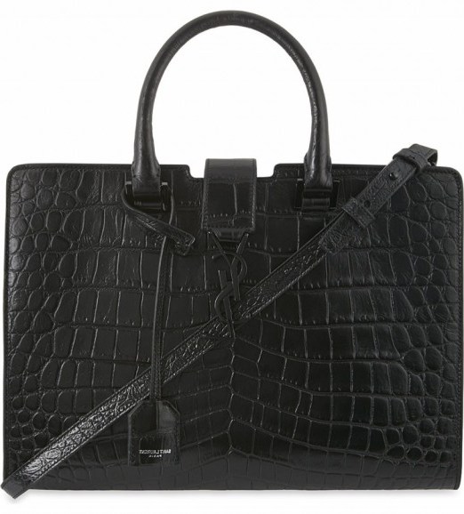 SAINT LAURENT Monogram small cabas crocodile-effect leather tote in black – as carried by Hailey Baldwin out with Kendall Jenner and Gigi Hadid in New York Cilty, 21 June 2016. Star style handbags | street style chic | celebrity bags | designer accessories - flipped