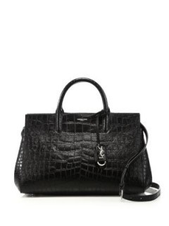 Saint Laurent Monogram Cabas Small Crocodile-Embossed Leather Satchel in black – in the style of model Hailey Baldwin out in New York, 21 June 2016. Celebrity bags | designer handbags | luxe accessories | star style | top handle - flipped