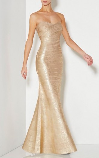 Herve Leger Sara Strapless Signature Bandage Gown light gold ~ designer gowns ~ red carpet style dresses ~ special events ~ statement occasion wear - flipped