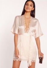 MISSGUIDED – silky lace trim kimono wrap dress nude. Plunge front mini dresses | evening wear | going out fashion | luxe style clothing | plunging neckline | deep V necklines