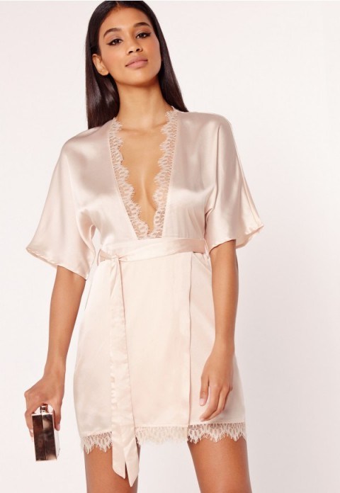 MISSGUIDED – silky lace trim kimono wrap dress nude. Plunge front mini dresses | evening wear | going out fashion | luxe style clothing | plunging neckline | deep V necklines - flipped