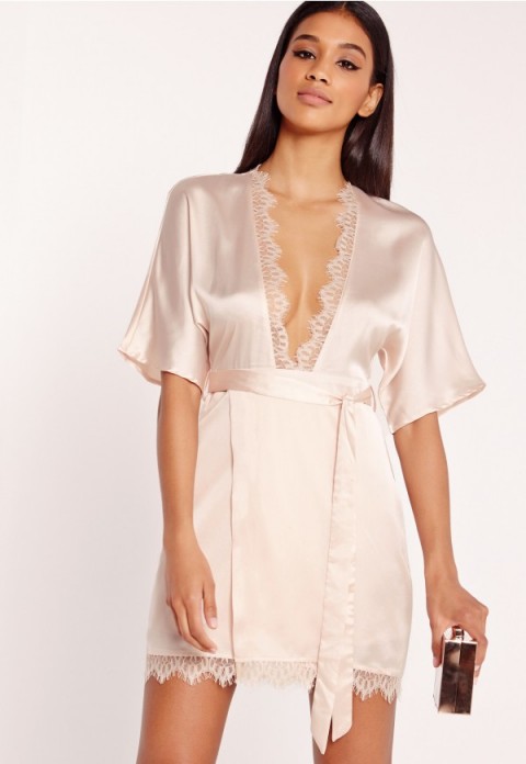 MISSGUIDED – silky lace trim kimono wrap dress nude. Plunge front mini dresses | evening wear | going out fashion | luxe style clothing | plunging neckline | deep V necklines