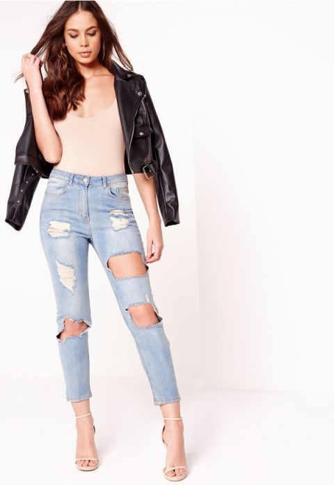 Missguided sinner high waisted ripped cropped skinny jeans blue. Destroyed denim | crop style | casual fashion - flipped