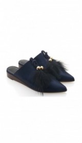 TIBI Sofie Loafers in navy. Flat shoes | pointed toe | feather pom pom | pom poms | blue flats | slide ons