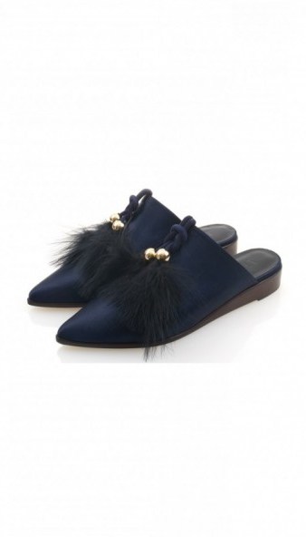 TIBI Sofie Loafers in navy. Flat shoes | pointed toe | feather pom pom | pom poms | blue flats | slide ons - flipped