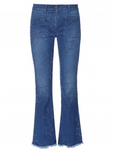 STELLA MCCARTNEY Star-distressed cropped kick-flare jeans. Casual fashion | designer flares | weekend clothing | blue denim - flipped