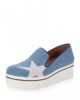 STELLA MCCARTNEY ~ STAR BINX LOAFERS in blue denim. Casual flats | designer wedges | wedged heel | slip on shoes | wedge footwear