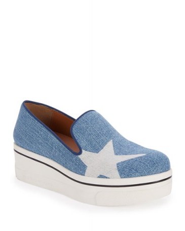 STELLA MCCARTNEY ~ STAR BINX LOAFERS in blue denim. Casual flats | designer wedges | wedged heel | slip on shoes | wedge footwear - flipped