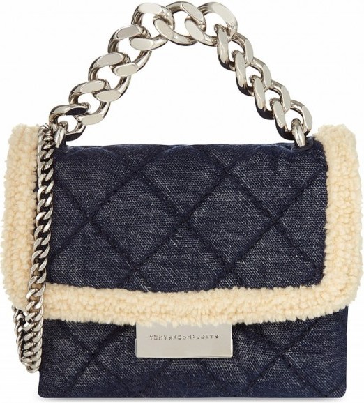 STELLA MCCARTNEY Mini beckett sherling denim shoulder bag. Blue denim bags | designer handbags - flipped