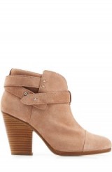 RAG & BONE Taupe Suede Harrow Ankle Boots – luxe style footwear – designer accessories – stacked wood heels – ankle strap detail