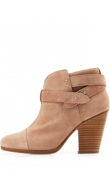 RAG & BONE Taupe Suede Harrow Ankle Boots – luxe style footwear – designer accessories – stacked wood heels – ankle strap detail - flipped