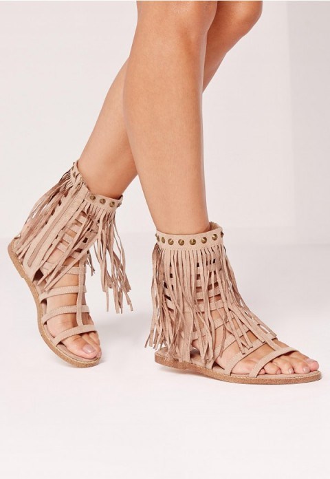 MISSGUIDED – tassel ankle cuff flat gladiator nude. Summer flats | holiday shoes | fringed gladiators - flipped