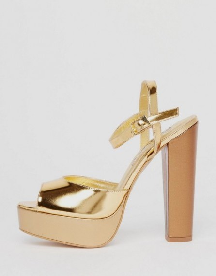 Terry de Havilland Coco Gold Glitter Platform Heeled Sandals – metallic platforms – 70s style shoes – summer high heels – ankle strap – glamour – block heel – chunky – peep toe – luxe style - flipped