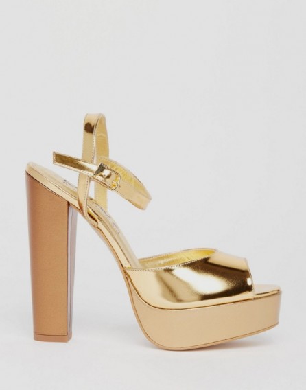 Terry de Havilland Coco Gold Glitter Platform Heeled Sandals – metallic platforms – 70s style shoes – summer high heels – ankle strap – glamour – block heel – chunky – peep toe – luxe style