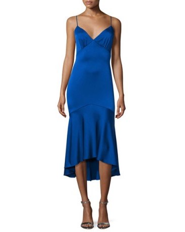 Theia Sleeveless V-Neck High-Low Cocktail Dress Lapis ~ blue slip style dresses ~ chic evening wear ~ elegant occasion fashion ~ elegance ~ spaghetti straps - flipped