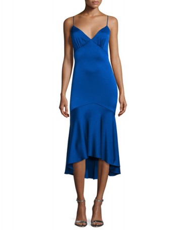 Theia Sleeveless V-Neck High-Low Cocktail Dress Lapis ~ blue slip style dresses ~ chic evening wear ~ elegant occasion fashion ~ elegance ~ spaghetti straps