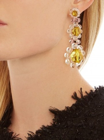 SIMONE ROCHA Triple-flower drop earrings. Designer jewellery | statement jewelry | yellow beaded flowers | floral accessories - flipped