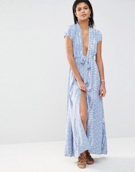 Tularosa Joel Plunge Maxi Dress in chambray. Long summer dresses | plunging necklines | holiday fashion | plunge front | deep V neckline - flipped