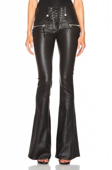 UNRAVEL LACE FRONT FLARE LEATHER PANTS in black. Flares | flared trousers | designer fashion - flipped