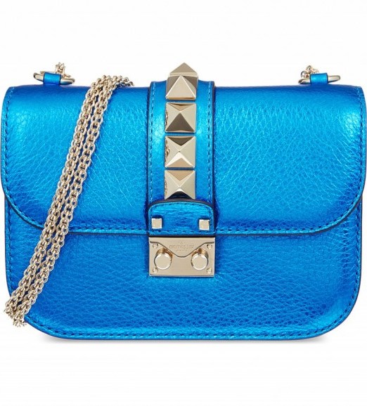 VALENTINO Rockstud lock small metallic leather shoulder bag ~ blue metallics ~ studded handbags ~ silver studs ~ designer bags - flipped