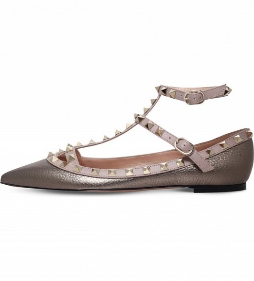 VALENTINO Rockstud metallic leather ballerina flats in pewter. Chic footwear | designer flat shoes | ankle strap | stud embellished | studded accessories - flipped