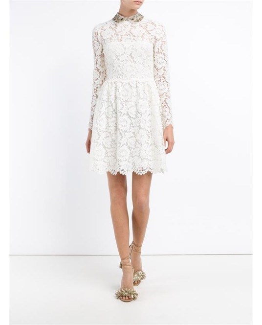 VALENTINO Sequin Embellished Lace Long Sleeve Dress off-white ~ luxe occasion dresses ~ luxury party wear ~ fit and flare style ~ scalloped hemline ~ feminine evening wear - flipped