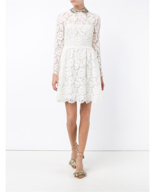 VALENTINO Sequin Embellished Lace Long Sleeve Dress off-white ~ luxe occasion dresses ~ luxury party wear ~ fit and flare style ~ scalloped hemline ~ feminine evening wear
