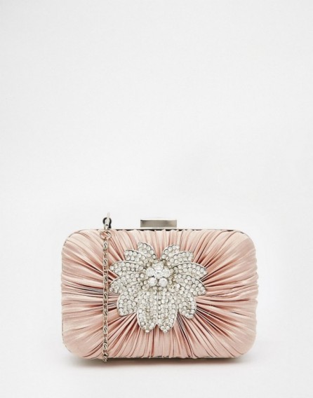 Vintage Styler Box Clutch with Floral Brooch Detail in Nude – evening luxe – luxury style evening bags – embellished handbags – occasion accessories