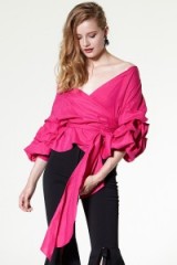 STORETS Vivian Ruched Sleeve Blouse in fuchsia. Hot pink blouses | romantic style tops | ruffled detail | wrap tops | feminine