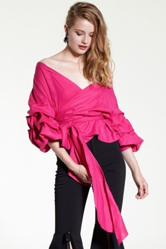 STORETS Vivian Ruched Sleeve Blouse in fuchsia. Hot pink blouses | romantic style tops | ruffled detail | wrap tops | feminine - flipped